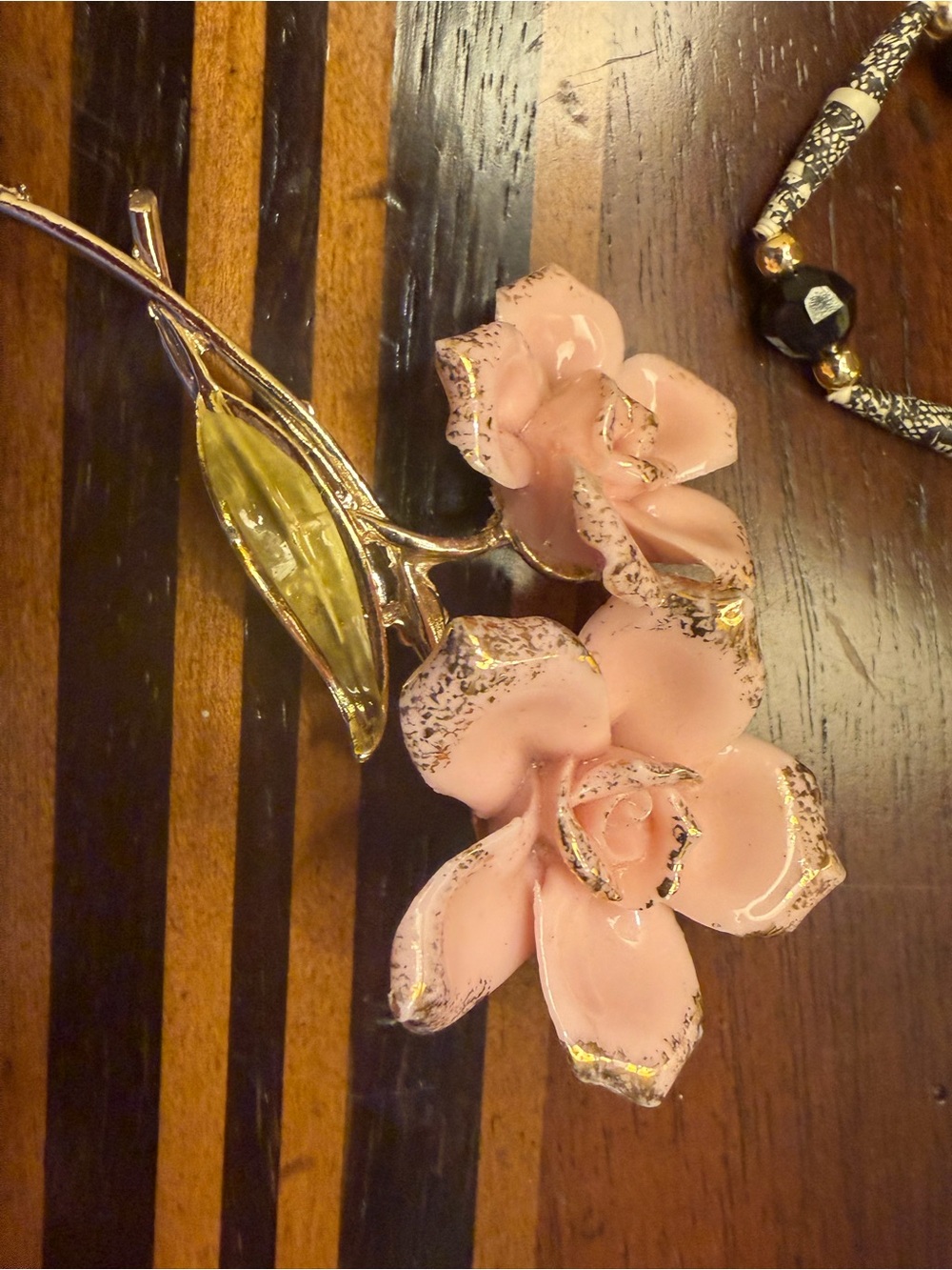 Vintage Pink Floral Enamel Brooch with Gold Accents